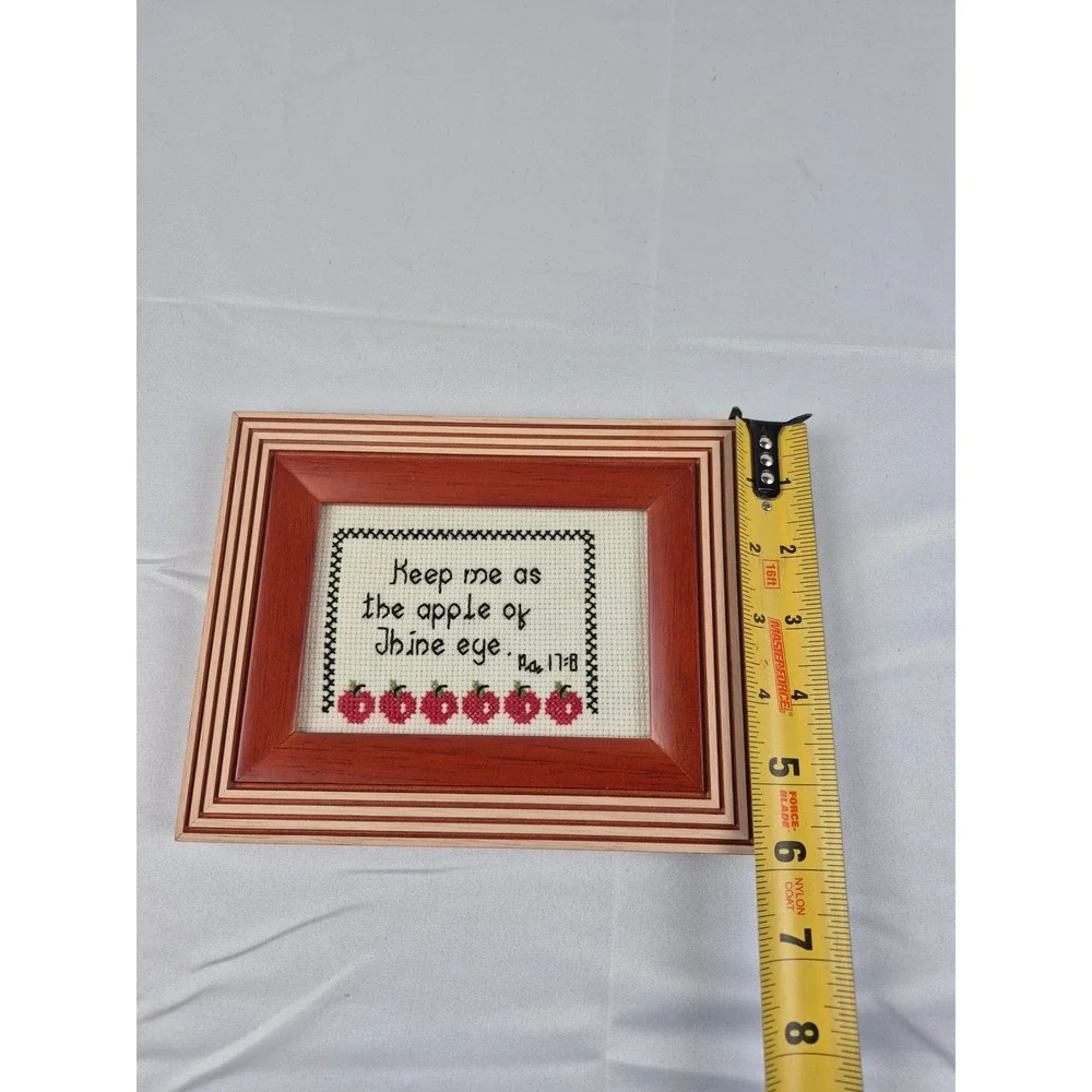 Vintage Framed Cross Stitch Bible‎ Verse Apple of Thine Eye Wood Decor